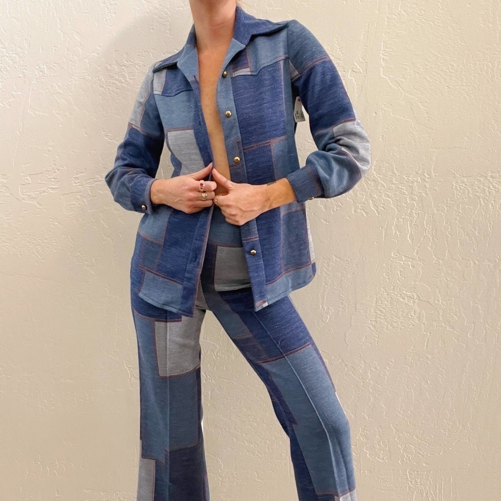 Vintage 1970's Faux Denim Patchwork Two Piece Pant Set